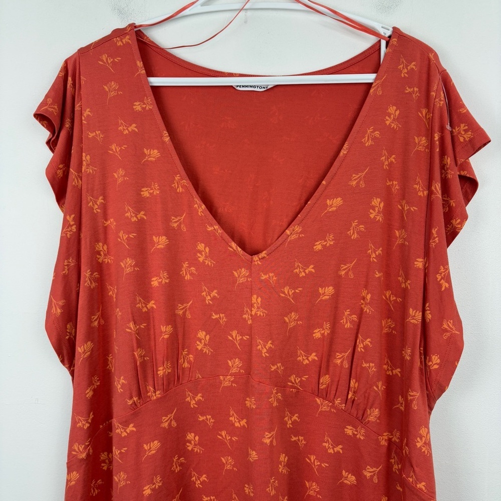 Penningtons Coral Floral V-Neck Babydoll Blouse Stretchy Flowy Plus Size Boho - Picture 7 of 7